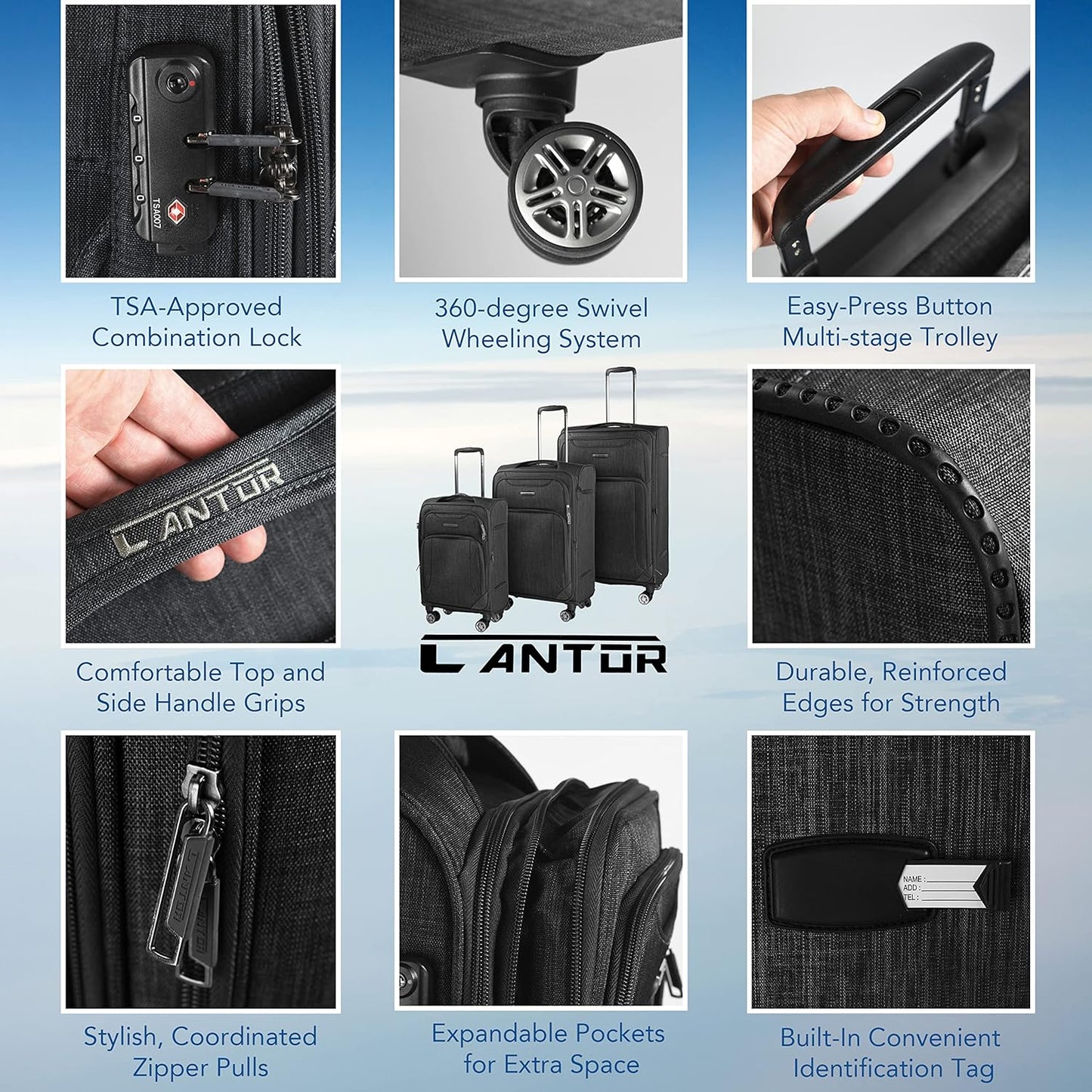Cantor Ultra Lightweight Softside Luggage with Spinner Wheels, Set of 3, Expandable Suitcase with Retractable Handle and ID Tag, and Interlocking Zippers with TSA Lock
