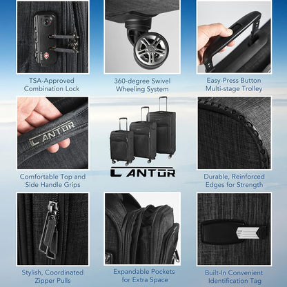 Cantor Ultra Lightweight Softside Luggage with Spinner Wheels, Set of 3, Expandable Suitcase with Retractable Handle and ID Tag, and Interlocking Zippers with TSA Lock