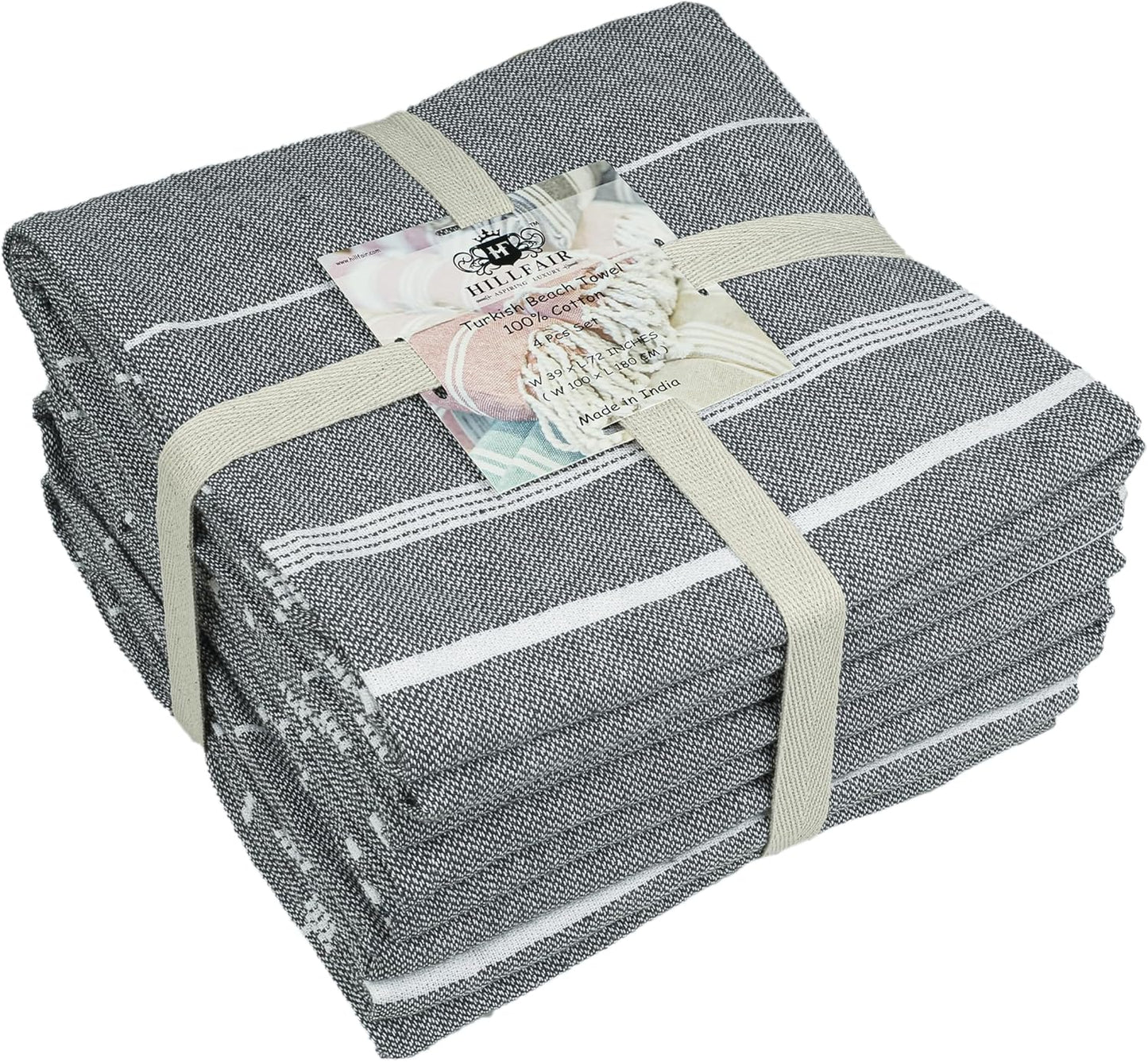 HILLFAIR Cotton Turkish Beach Towels, Quick Dry Lightweight Sand Free Peshtemal Towel for Bath Swim Yoga Spa Travel, Beach Accessories, Oversized Cotton Turkish Towels (39 x 72 inch- 4 Pack Grey)