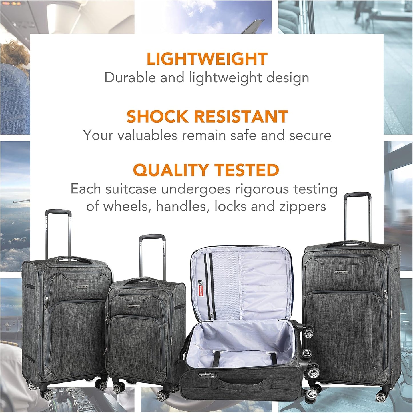 Cantor Ultra Lightweight Softside Luggage with Spinner Wheels, Set of 3, Expandable Suitcase with Retractable Handle and ID Tag, and Interlocking Zippers with TSA Lock