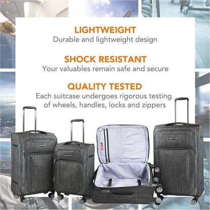 Cantor Ultra Lightweight Softside Luggage with Spinner Wheels, Set of 3, Expandable Suitcase with Retractable Handle and ID Tag, and Interlocking Zippers with TSA Lock