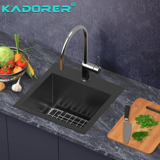 15 x 15 Inch Black Drop In Kitchen Sink - Single Bowl Topmount Bar Prep Sink, 18 Gauge Stainless Steel with Grid and Basket Strainer