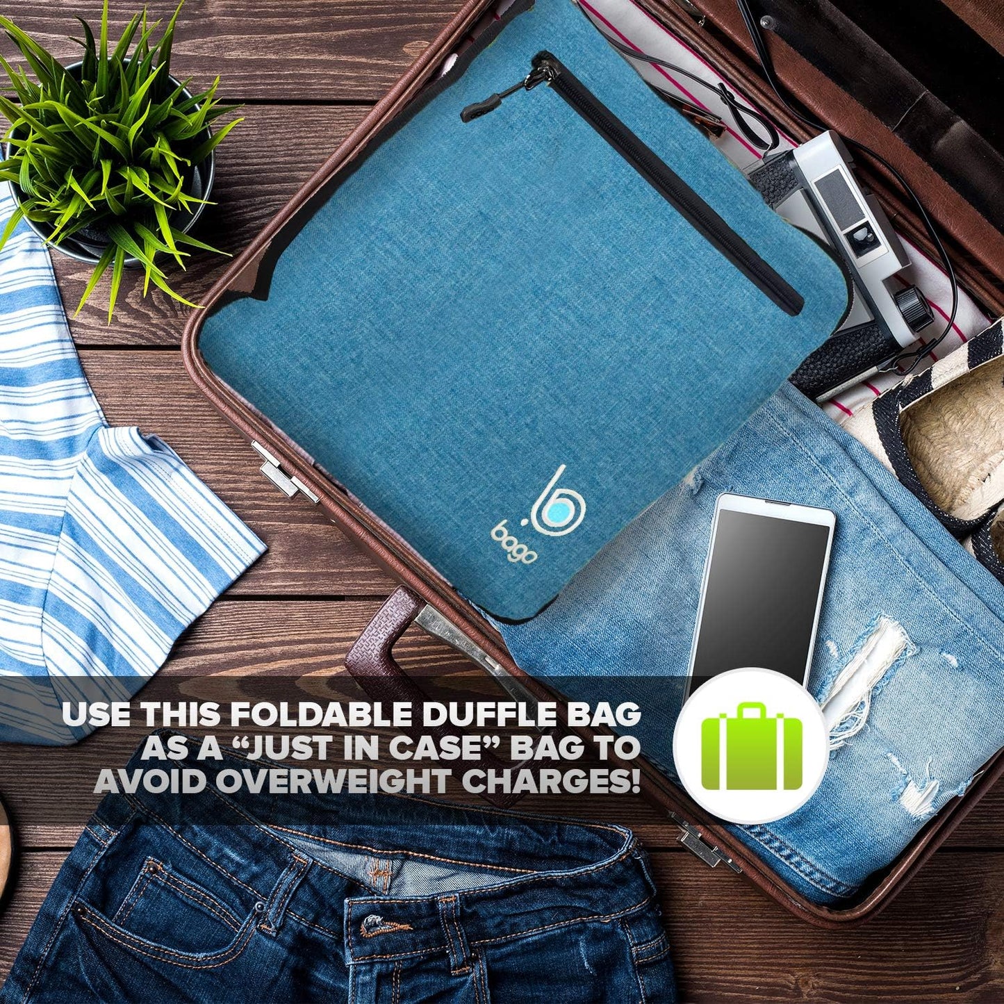 Bago Large Foldable Duffel Bags for Traveling Women & Men - 120L Packable Duffle Bag for Travel with Shoe Compartment - Water Repellant, Heavy Duty, Lightweight Folding & Collapsible (SnowBlue)