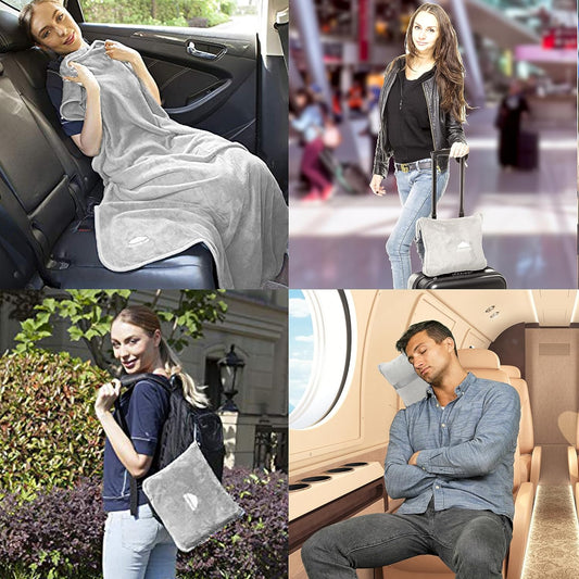 BlueHills Premium Soft Travel Blanket Pillow Airplane Flight Blanket Throw in Ultra-Soft Bag Pillow case Luggage Sleeve & Backpack Clip Large Air Warm Traveler Essentials - Light Gray T024
