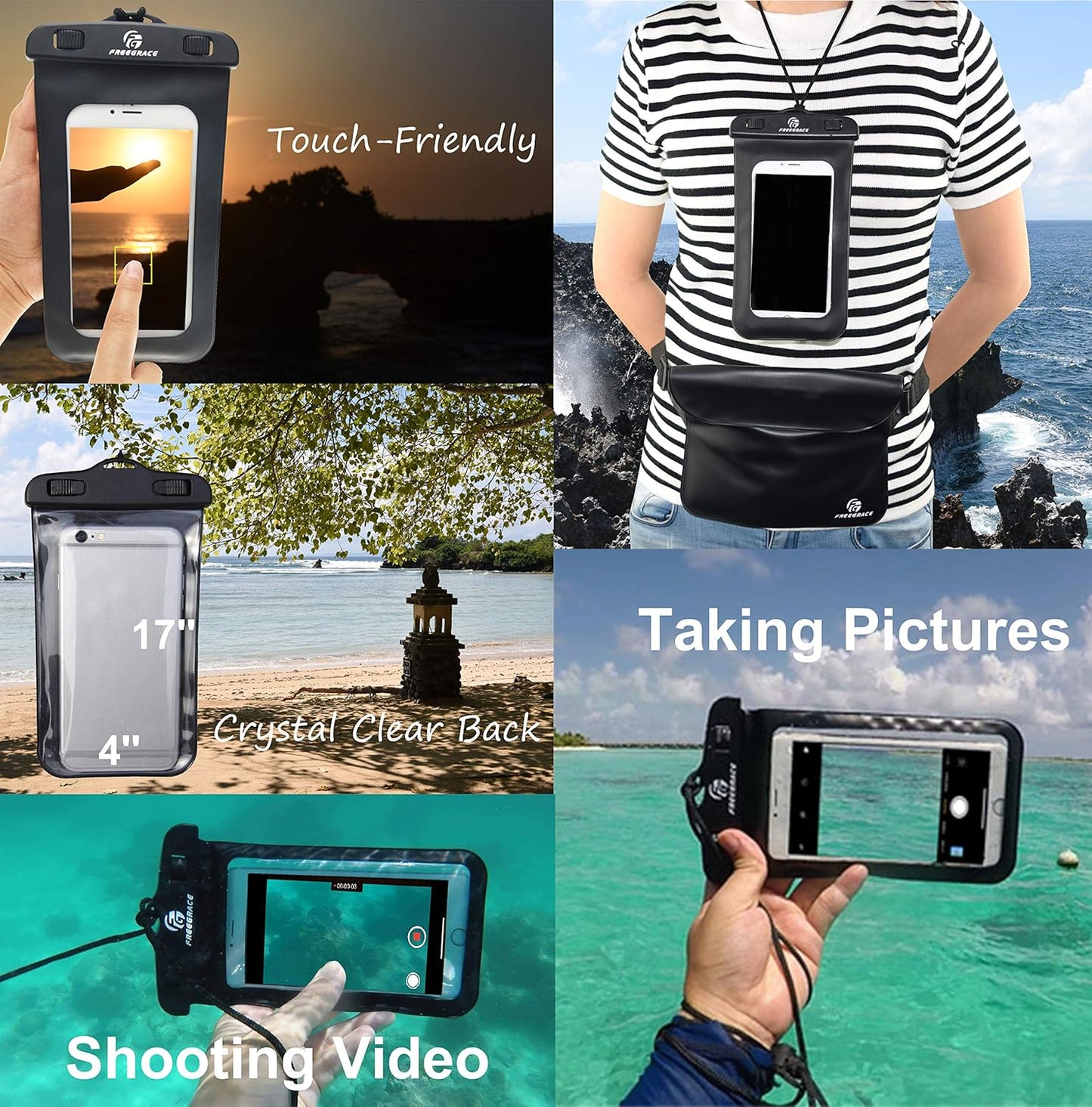 Freegrace Waterproof Pouches with Waist Strap / Pouch Case Bundle Set- Keep Your Phone & Valuables Dry and Safe - Waterproof Dry Bags for Boating Swimming Snorkeling Kayaking Beach Water Parks Pool