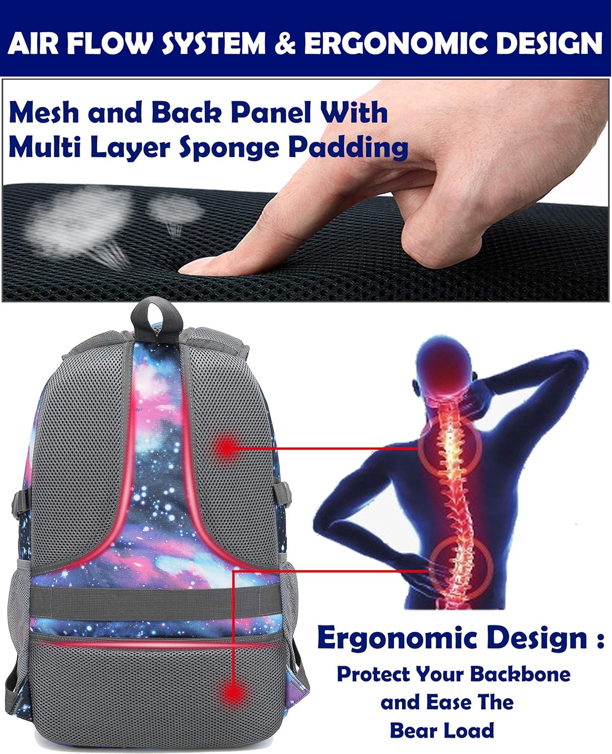 Galaxy Backpack for College Sturdy Bookbag Travel Business with USB Charging Port Laptop compartment Chest Straps Anti Theft Night Light Reflective (Galaxy)