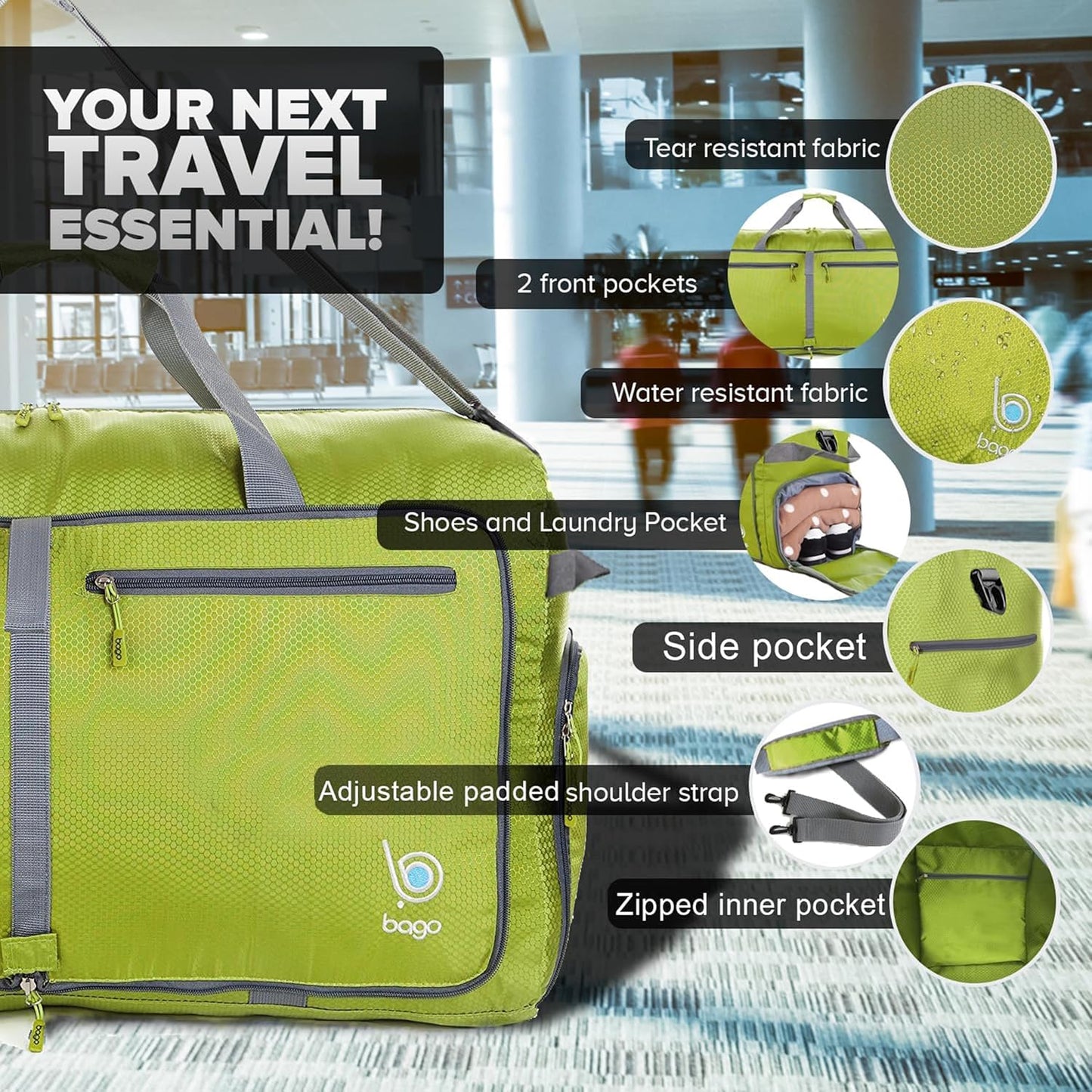 Bago Foldable Duffel Bags for Traveling Women & Men - 60L Medium Packable Duffle Bag for Travel with Shoe Compartment - Water Repellant, Heavy Duty, Lightweight Folding & Collapsible (Green)