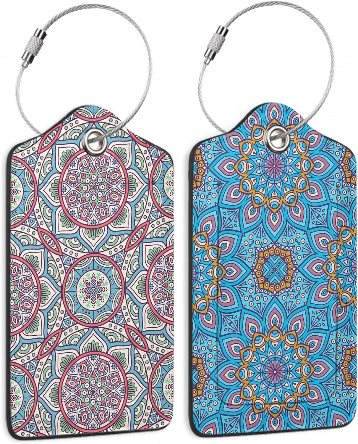 Set of 2 Boho Ethnic Floral Luggage Tags for Suitcases, Leather Suitcase Tag Name Identifiers Labels for Travel Bag Baggage Backpack