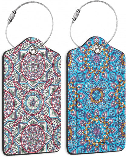 Set of 2 Boho Ethnic Floral Luggage Tags for Suitcases, Leather Suitcase Tag Name Identifiers Labels for Travel Bag Baggage Backpack