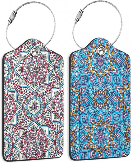 Set of 2 Boho Ethnic Floral Luggage Tags for Suitcases, Leather Suitcase Tag Name Identifiers Labels for Travel Bag Baggage Backpack
