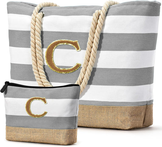 Becokan Beach Bag Initial Beach Tote with Makeup Bag for Travel Work Storage Personalized Birthday Gifts for Women Her
