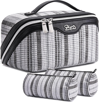 Travel Makeup Bag for Women: Large Capacity Open Flat Make up Bag Set of 3 - Vegan Leather Cosmetic Bag with Compartments - Waterproof Toiletry Bag with Handle & Divider(Black)