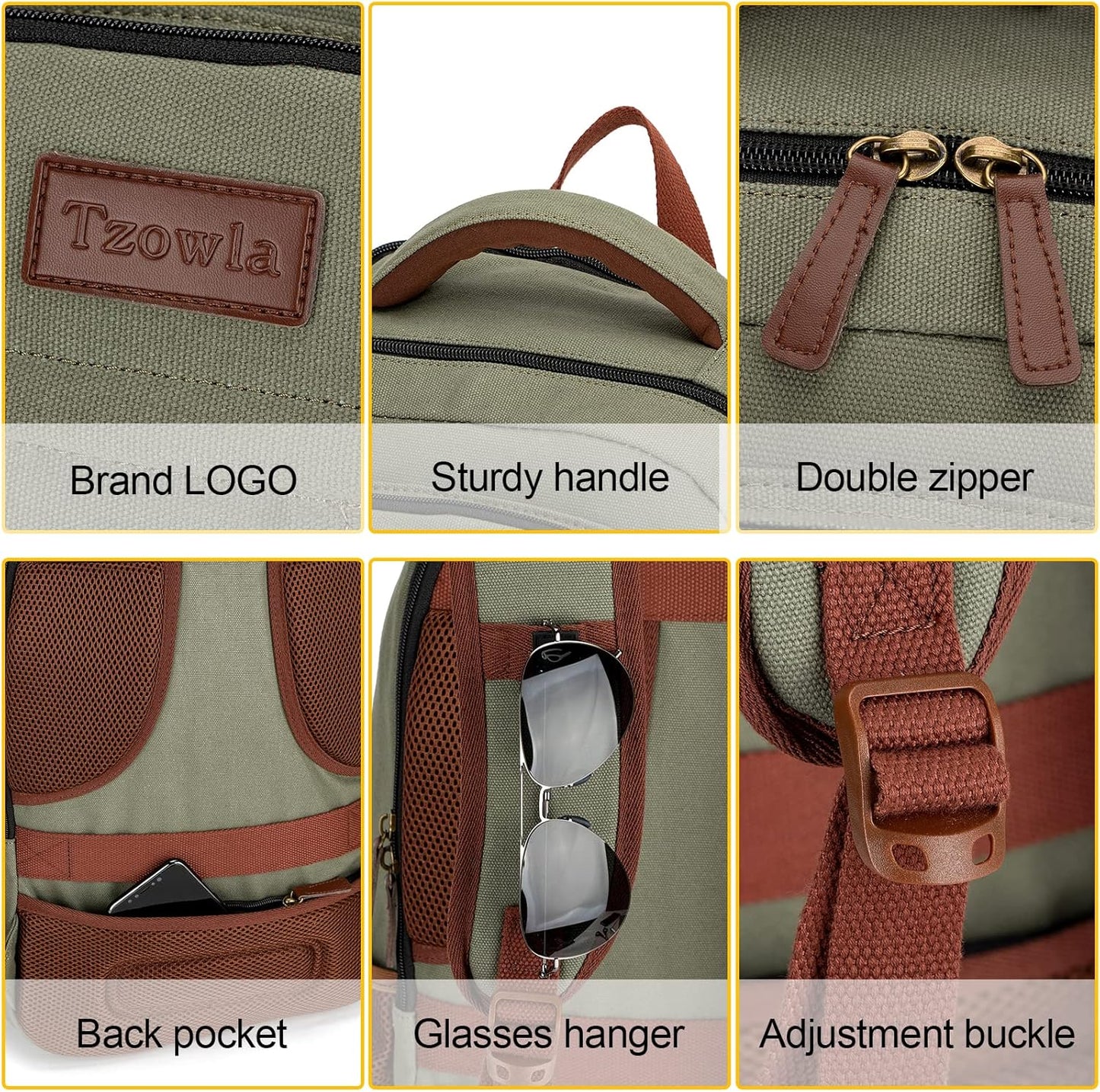 Tzowla Canvas Laptop Backpack, Bag for Men Women,Travel Work Rucksack Fits 15.6 Inch Laptop, Bookbag with USB Charging Port