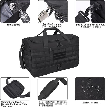 MOZETO Mens Travel Duffel Bag with Compartments, Tactical Inspired GYM Work Police Duty Law Enforcement Carry-on Bag with YKK Zippers Anti-Theft RFID Blocking Wet-Dry Separated Compartment