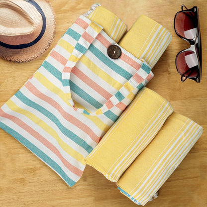 HILLFAIR Cotton Turkish Beach Towels, Quick Dry Lightweight Sand Free Peshtemal Towel for Bath Swim Yoga Travel, Beach Accessories, Oversized Cotton Turkish Towels (39 x 72 inch- 4 Pack Yellow Blue)