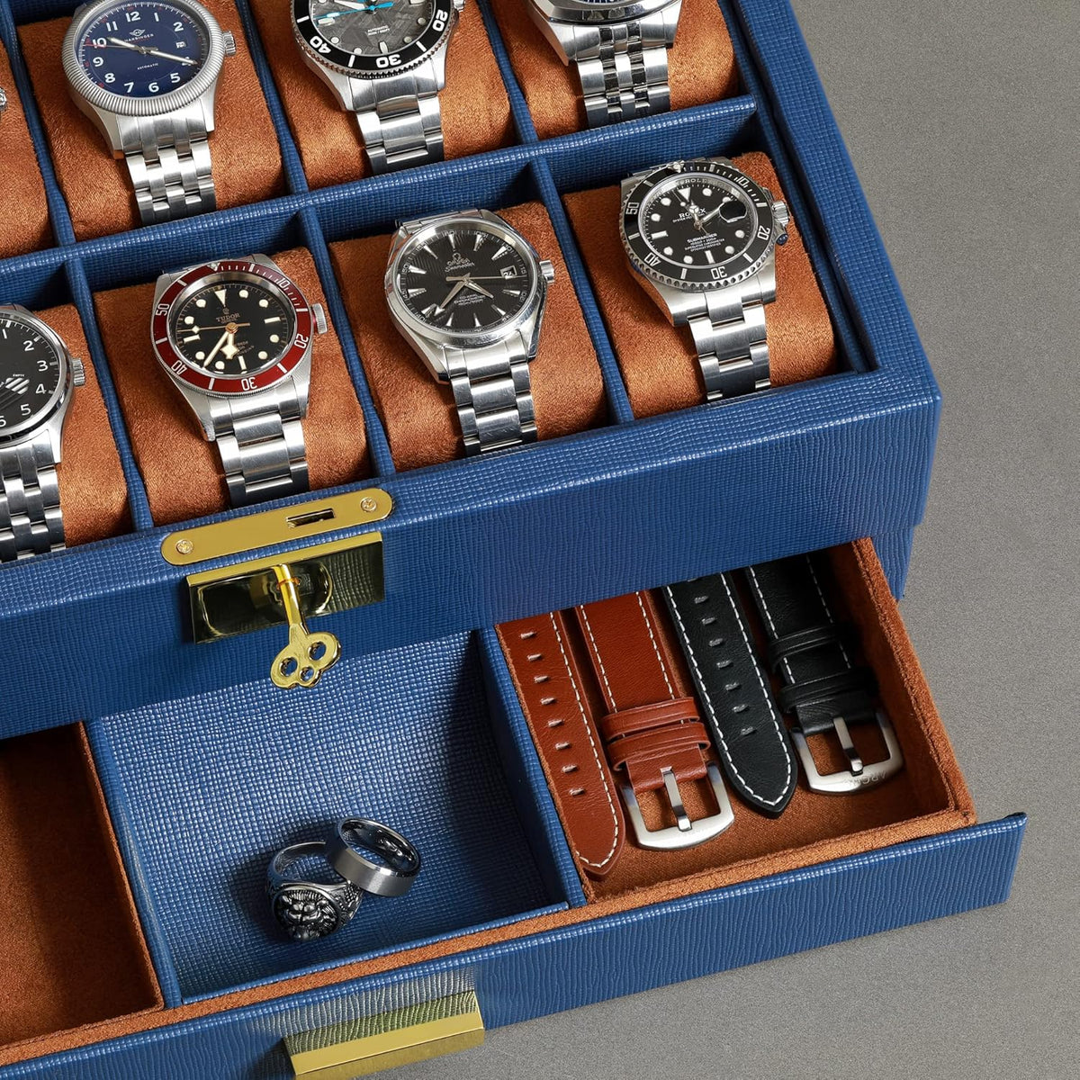 ROTHWELL 10-Slot Watch Box in Leather with Valet Drawer, Luxury Watch Case Display Organizer with Ultra Soft Microsuede Liner, Jewelry and Sunglass Holder With Large Glass top (Blue/Tan)