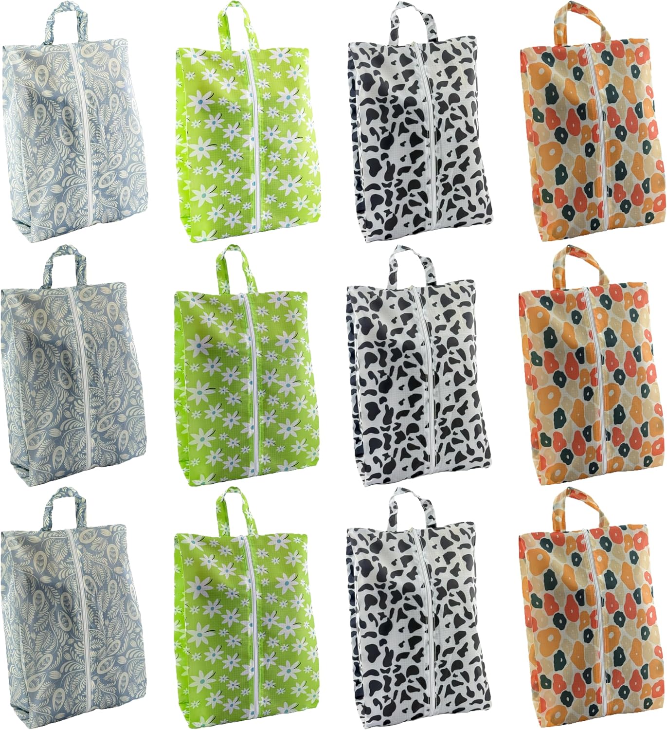 Travel Shoe Bags, Set of 12, Large Oxford Fabric Storage Bags with Zipper and Handle, Water-Resistant Pouches (Colorful patterns)