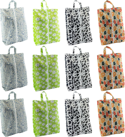 Travel Shoe Bags, Set of 12, Large Oxford Fabric Storage Bags with Zipper and Handle, Water-Resistant Pouches (Colorful patterns)