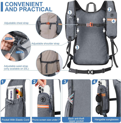 20L Small Hiking Backpack for Men Women Foldable Packable Back Pack Ultralight Hiking Daypack for Travel Camping Outdoor, Gray