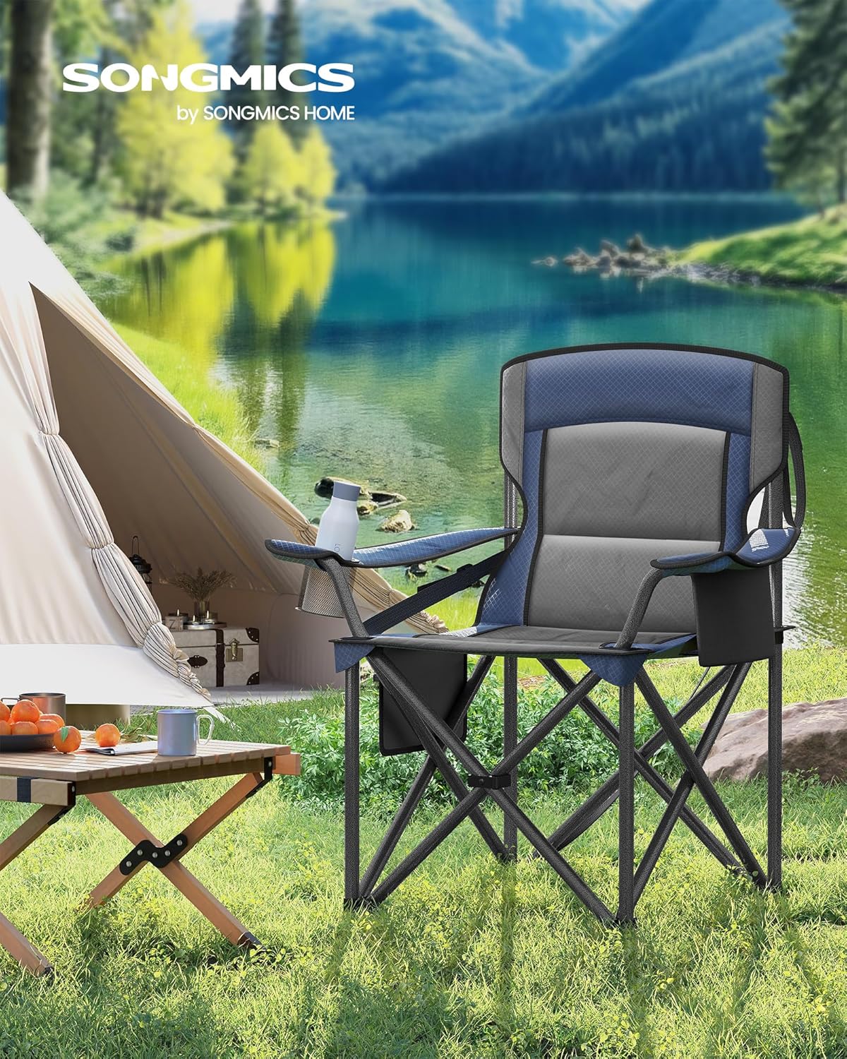 SONGMICS Oversized Lumbar Support Camping Chair, Heavy-Duty Outdoor Folding Chair Comfortable, Padded, Glamping, Cooler Bag, Weight Capacity 450 lb, Harbor Blue UGCB066Q01
