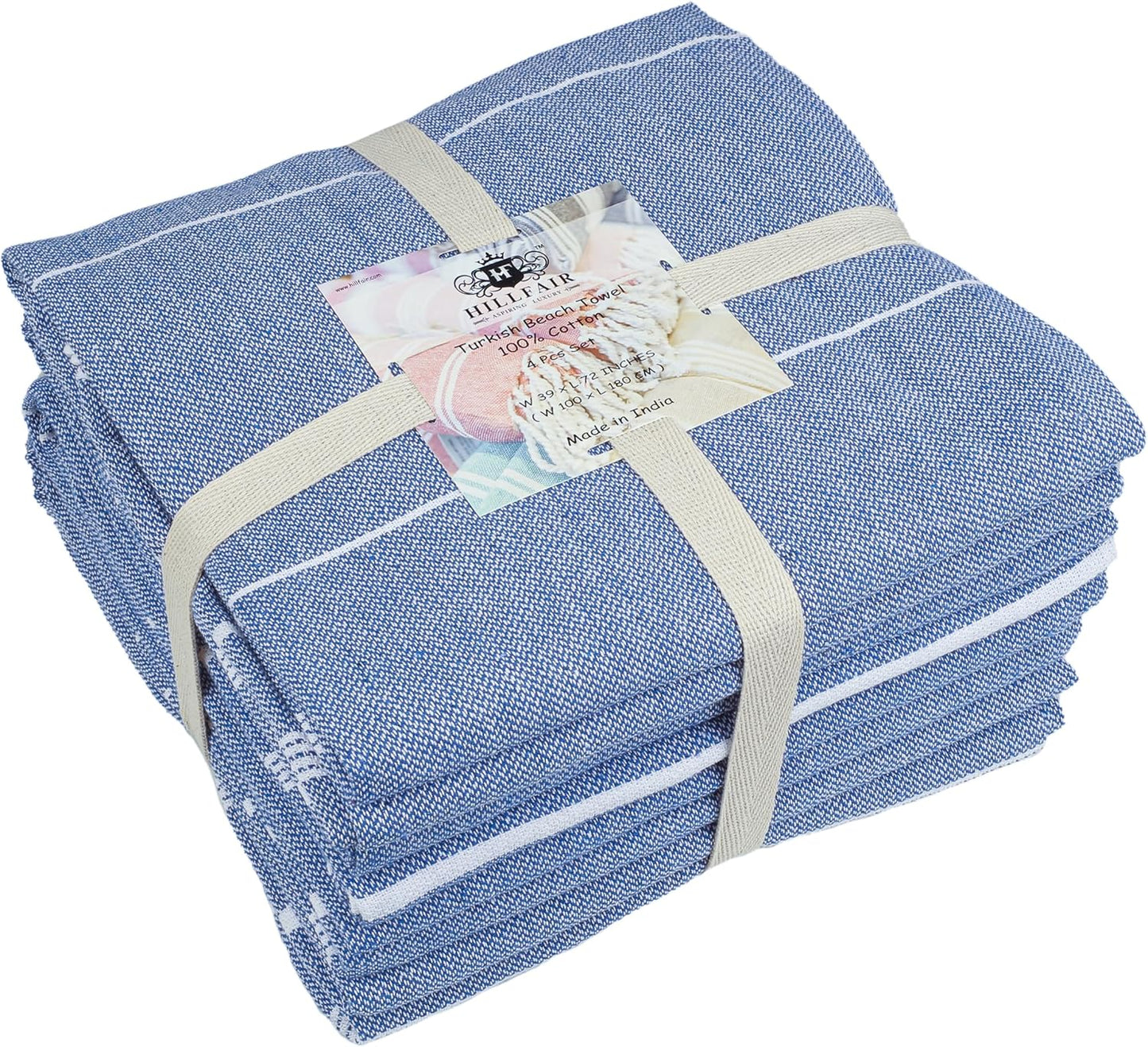 HILLFAIR Cotton Turkish Beach Towels, Quick Dry Lightweight Sand Free Peshtemal Towel for Bath Swim Yoga Spa Travel, Beach Accessories, Oversized Cotton Turkish Towels (39 x 72 inch- 4 Pack Blue)