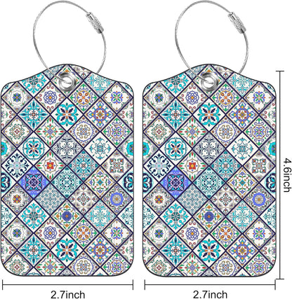 2 Pack Luggage Tags Colorful Moroccan Portuguese Tiles PU Leather Baggage Tag with Privacy Cover Stainless Steel Loop and Name ID Card for Men Women Travel Bag Luggage Accessories