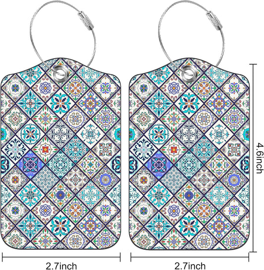 2 Pack Luggage Tags Colorful Moroccan Portuguese Tiles PU Leather Baggage Tag with Privacy Cover Stainless Steel Loop and Name ID Card for Men Women Travel Bag Luggage Accessories