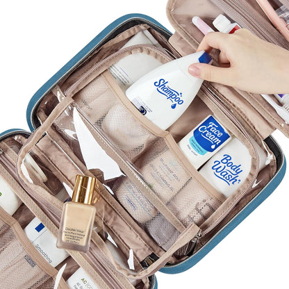 NISHEL Travel Toiletry Bag for women, Portable Hanging Organizer for Travel-Sized Shampoo, Conditioner, Brushes Set, Makeup Accessories, Medium Size, Lake-Blue