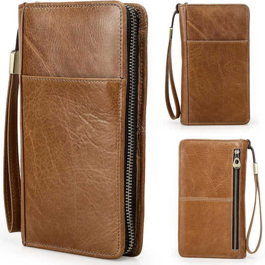 Top Grain Leather Travel Passport Wallet Holder for Man & Woman, Handmade with Three-Layer for 4 Passports & Multi Cards, RFID Blocking Large Capacity for Cards/Passports/Tickets, Brown