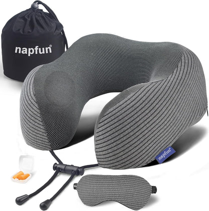 napfun Travel Pillow, 100% Pure Memory Foam Neck Pillows for Travel Airplane Headrest Flight Plane Accessories, Deep Grey, Medium (120-200LB)
