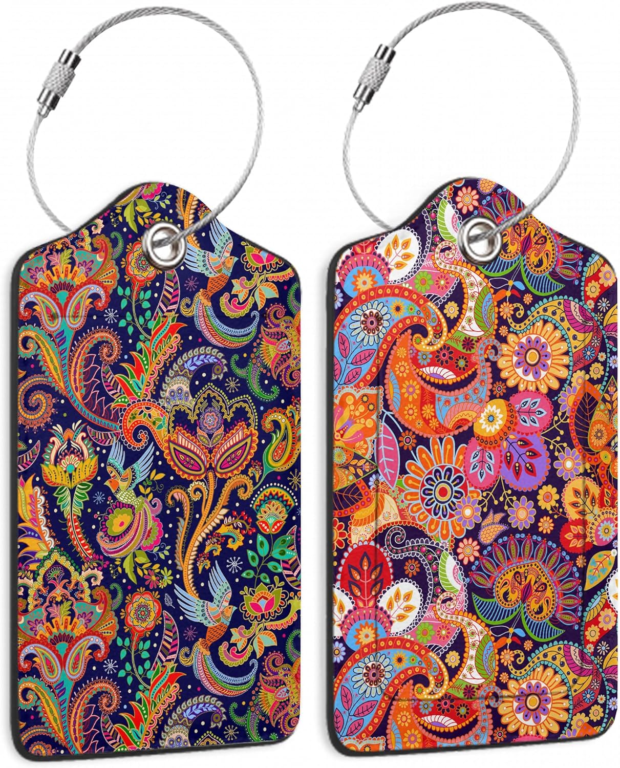 Boho Colorful Paisley 2 Pack Luggage Tag for Suitcase, Cute Unique Leather Bag Tags Identifiers Privacy Cover ID Label with Durable Steel Loop for Women Men Kids Girls Travel