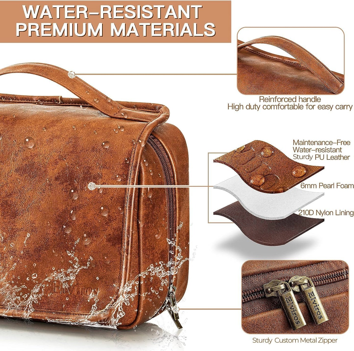 Elviros Hanging Toiletry Bag for Men Travel Essentials 3-in-1 Large Waterproof Dopp Kit PU Leather Shaving Bag with Separate Compartments for Grooming and Toiletries Mens Gift