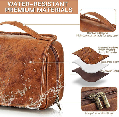 Elviros Hanging Toiletry Bag for Men Travel Essentials 3-in-1 Large Waterproof Dopp Kit PU Leather Shaving Bag with Separate Compartments for Grooming and Toiletries Mens Gift