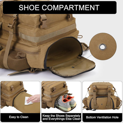 LHI Military Tactical Backpack for Men and Women 45L Army 3 Days Assault Pack Bag Large Rucksack with Shoe Compartment