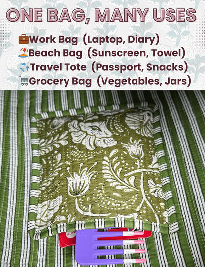 Cotton Quilted Tote Bag for Women – Large Beach & Travel Tote with Zipper, Reusable Grocery Bag