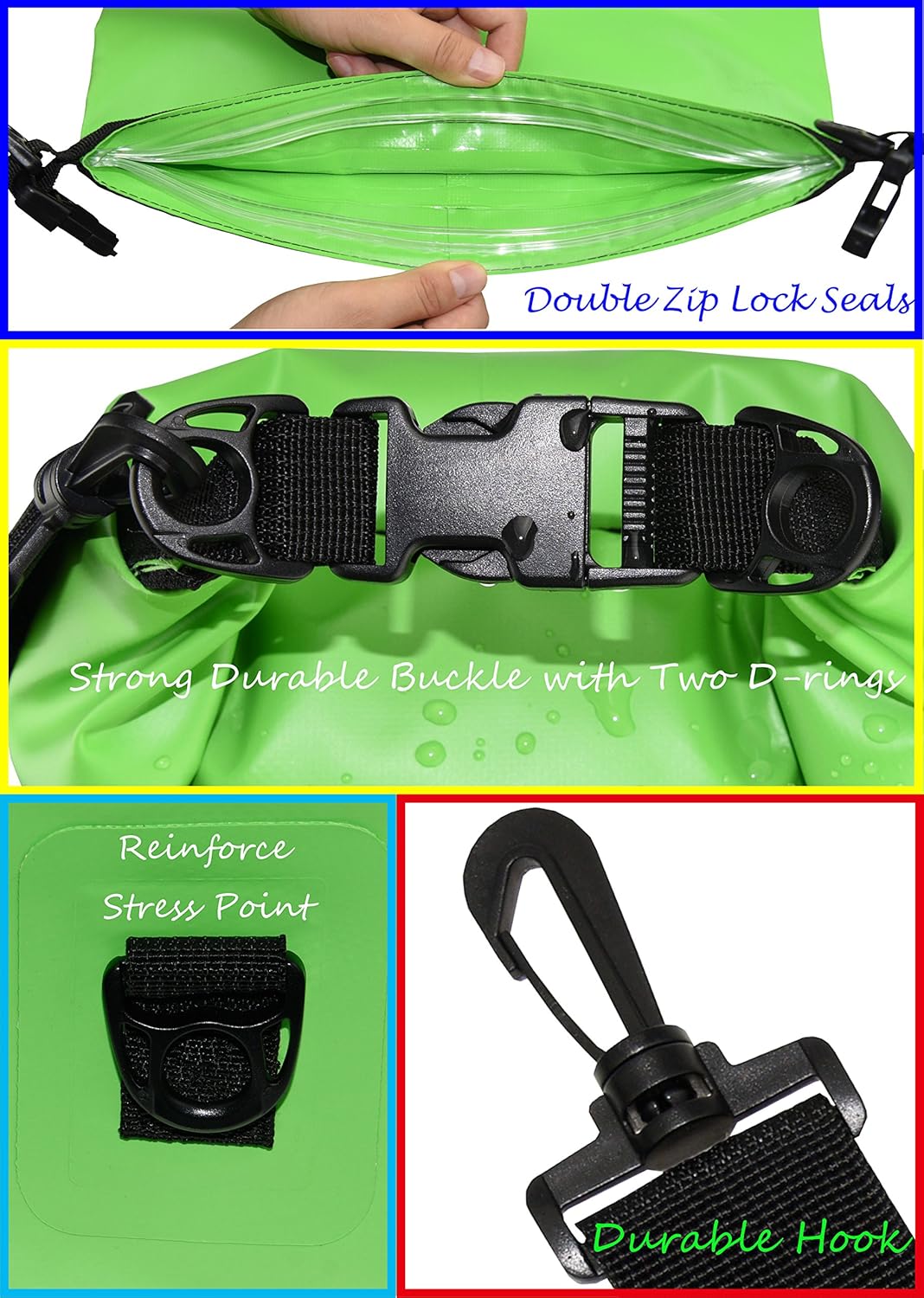 Freegrace Waterproof Dry Bags Set Of 3 Dry Bag With 2 Zip Lock Seals & Detachable Shoulder Strap, Waist Pouch & Phone Case - Can Be Submerged Into Water - For Swimming (Green, 5L)