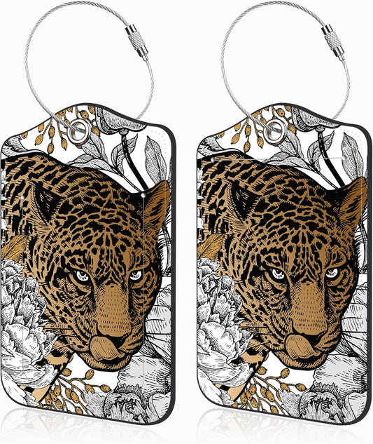 Leopard and Peony Flower Set of 2 Luggage Tags for Suitcases Leather Suitcase Tags Identifiers with Privacy Name Address Label and Stainless Steel Loop for Women Men Travel Luggage Accessories