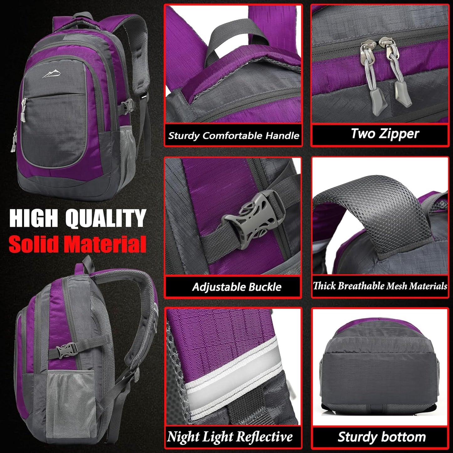 ProEtrade Backpack Bookbag for College Sturdy Travel Business Hiking Fit Laptop Up to 15.6 Inch Multi Compartment Gifts for Men Women Night Light Reflective (Purple A)