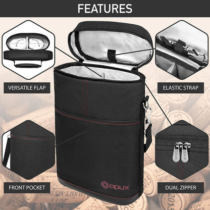 opux 2 Bottle Wine Carrier Tote, Insulated Leakproof Wine Cooler Bag, Wine Travel Bag Tote for Picnic BYOB Beach, Portable Wine Bottle Carrying Case, Gift for Wine Lover Women Men Christmas, Black