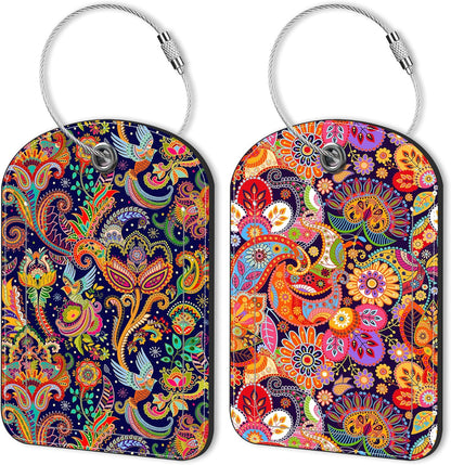 2 PCS Leather Luggage Tags for Suitcase Boho Colorful Paisley Travel Luggage Tag with Privacy Flap Name ID Label and Metal Loop for Travel Bag Suitcase