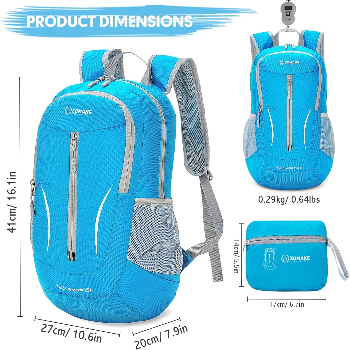 ZOMAKE Ultra Lightweight Packable Backpack 25L, Foldable Hiking Backpacks Water Resistant Small Folding Daypack for Travel(Light Blue)