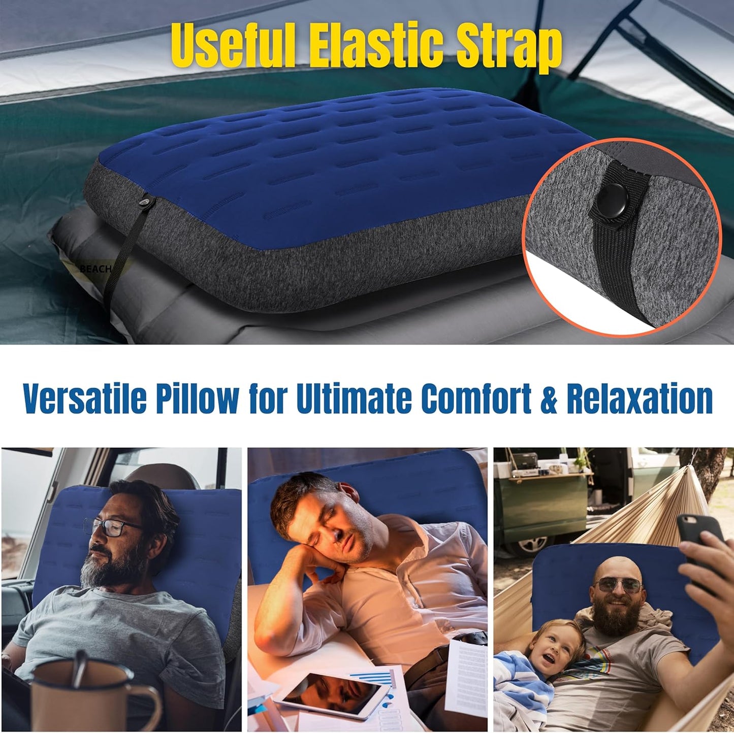 TREKOLOGY Camping Pillow - Large Inflatable (24"x15") for Home-Like Comfort, Portable & Ergonomic, Easy to Clean, Durable & Leak-Proof, Removable Strap for Secure Fit – ALUFT Ultra (Blue)