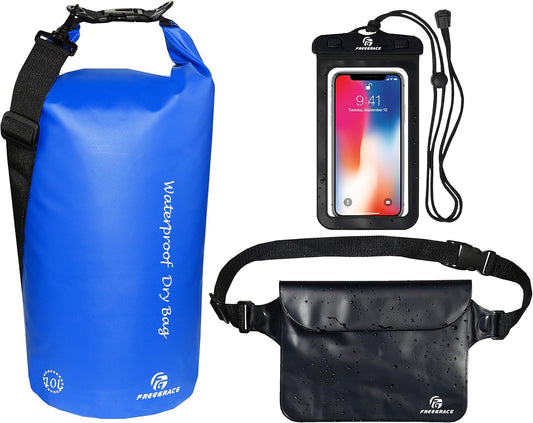 Freegrace Waterproof Dry Bags Set of 3 Dry Bag with 2 Zip Lock Seals & Detachable Shoulder Strap, Waist Pouch & Phone Case - Can Be Submerged Into Water (Navy Blue, 20L)