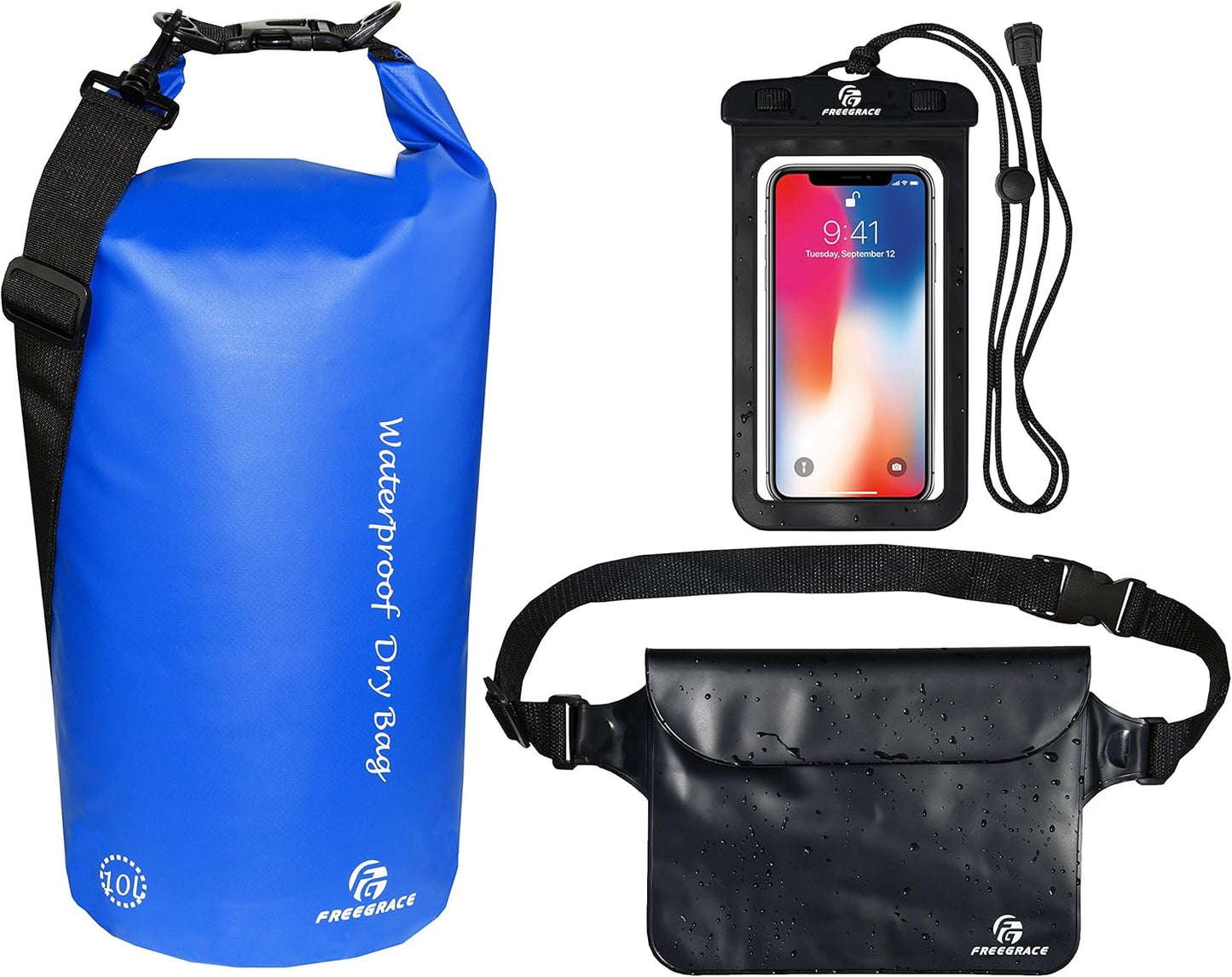 Freegrace Waterproof Dry Bags Set of 3 Dry Bag with 2 Zip Lock Seals & Detachable Shoulder Strap, Waist Pouch & Phone Case - Can Be Submerged Into Water - for Swimming (Navy Blue, 10L)