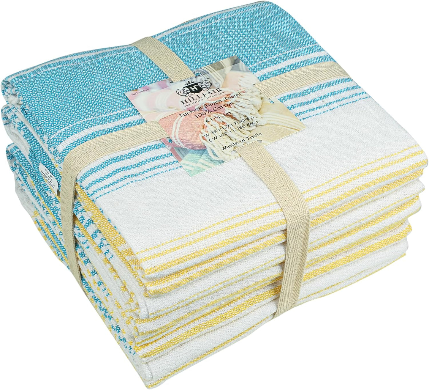 HILLFAIR Cotton Turkish Beach Towels, Quick Dry Lightweight Sand Free Peshtemal Towel for Bath Swim Yoga Travel, Beach Accessories, Oversized Cotton Turkish Towels (39 x 72 inch- 4 Pack Yellow Blue)