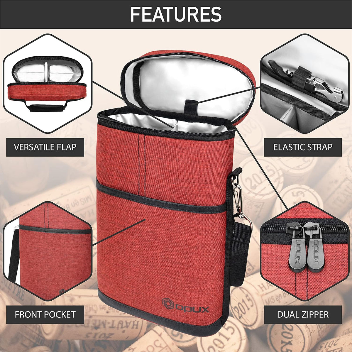 opux 2 Bottle Wine Carrier Tote, Insulated Leakproof Wine Cooler Bag, Wine Travel Bag for Picnic BYOB Beach, Portable Wine Bottle Carrying Case, Gift for Wine Lover Women Men Christmas, Red