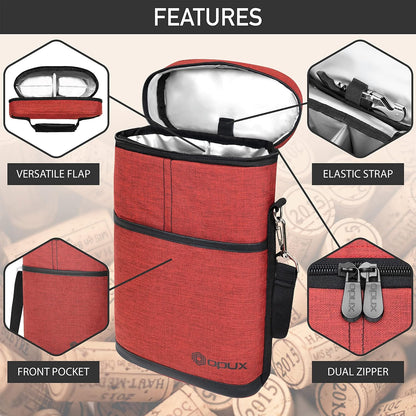 opux 2 Bottle Wine Carrier Tote, Insulated Leakproof Wine Cooler Bag, Wine Travel Bag for Picnic BYOB Beach, Portable Wine Bottle Carrying Case, Gift for Wine Lover Women Men Christmas, Red