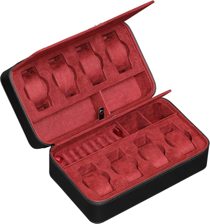 ROTHWELL 8 Watch Travel Case Storage Organizer for 8 Watches, Sunglasses, Rings & Cufflinks |Tough Portable Protection with Zipper Fits Most Wristwatches & Smart Watches Up to 50mm (Black/Red)