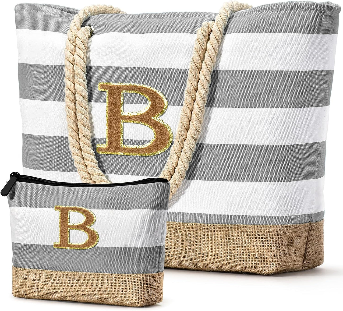 Becokan Beach Bag Initial Beach Tote with Makeup Bag for Travel Work Storage Personalized Birthday Gifts for Women Her