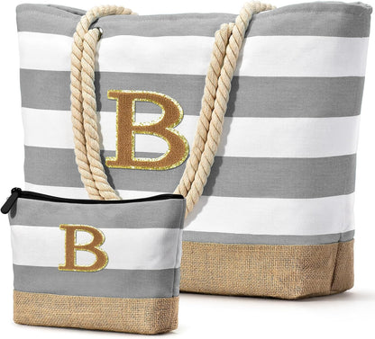 Becokan Beach Bag Initial Beach Tote with Makeup Bag for Travel Work Storage Personalized Birthday Gifts for Women Her
